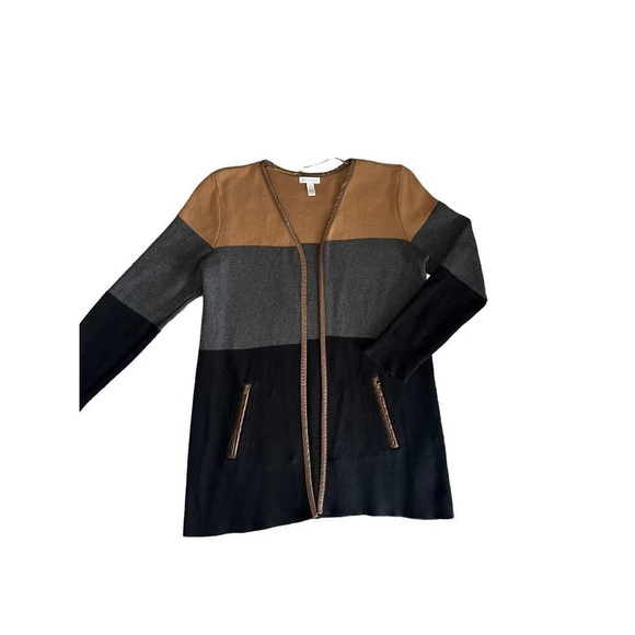 Charter Club Women’s Sweater Cardigan Open Color Block Cotton Pocket Medium - Picture 1 of 9